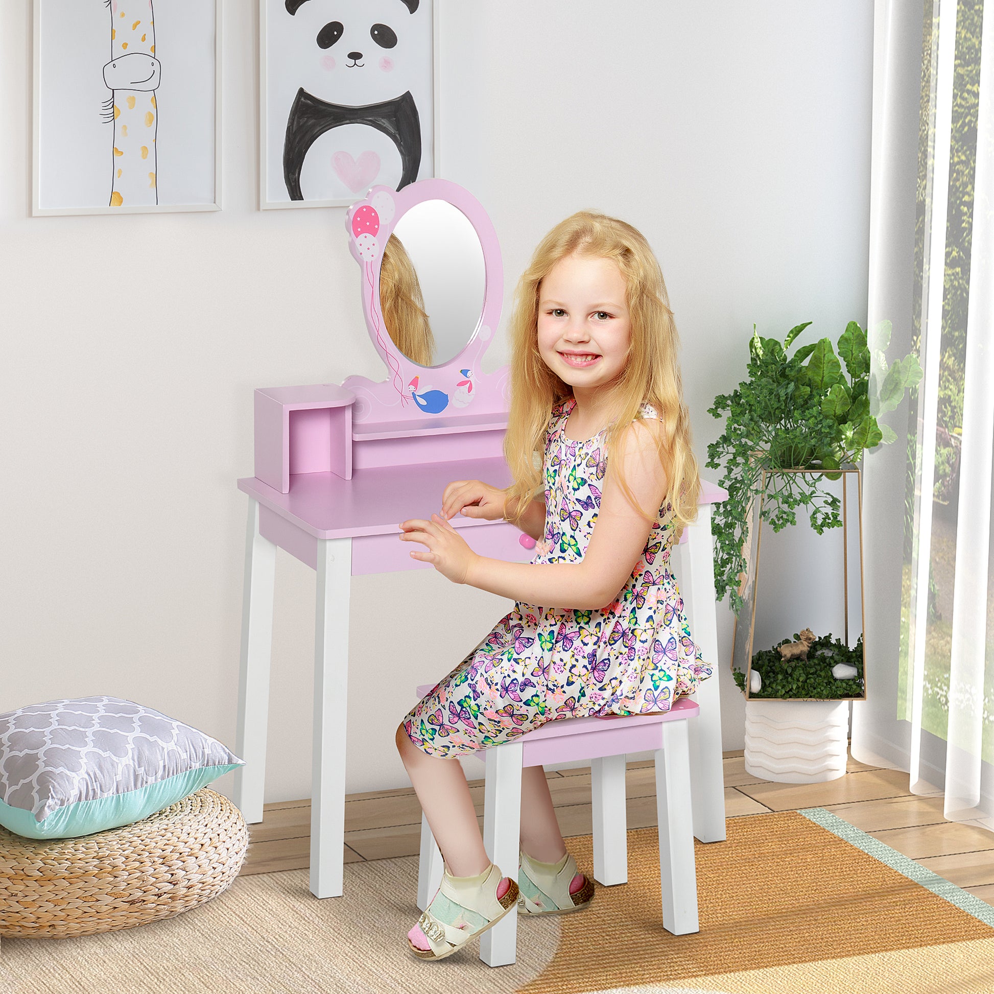 HOMCOM Kids Dressing Table W/Stool Set-Pink 