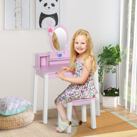 HOMCOM Kids Dressing Table W/Stool Set-Pink 