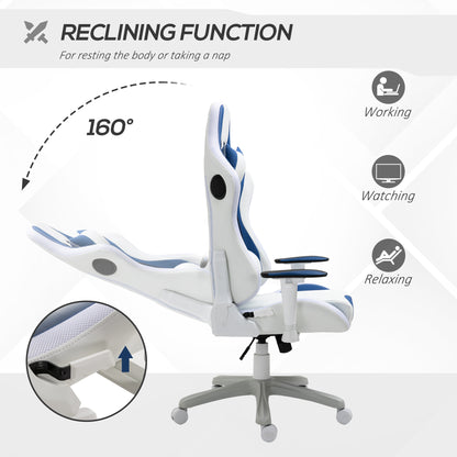 Blue Gaming Chair, with Led Light, Bluetooth Speakers Music Video Game Chair Pu Leather With Removable Pillows