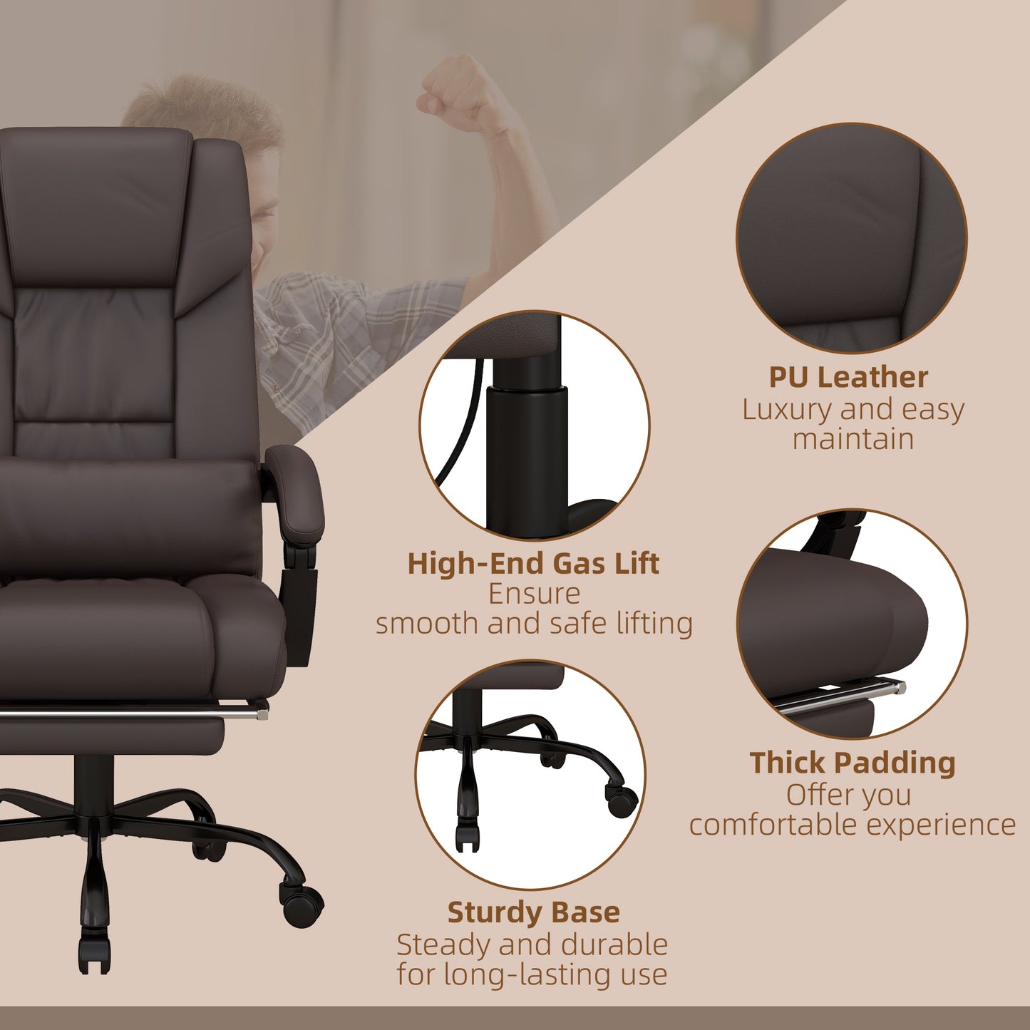 6-Point PU Leather Massage Office Chair, Reclining Chair Height Adjustable Computer Chair with Footrest, Swivel Wheels, Brown