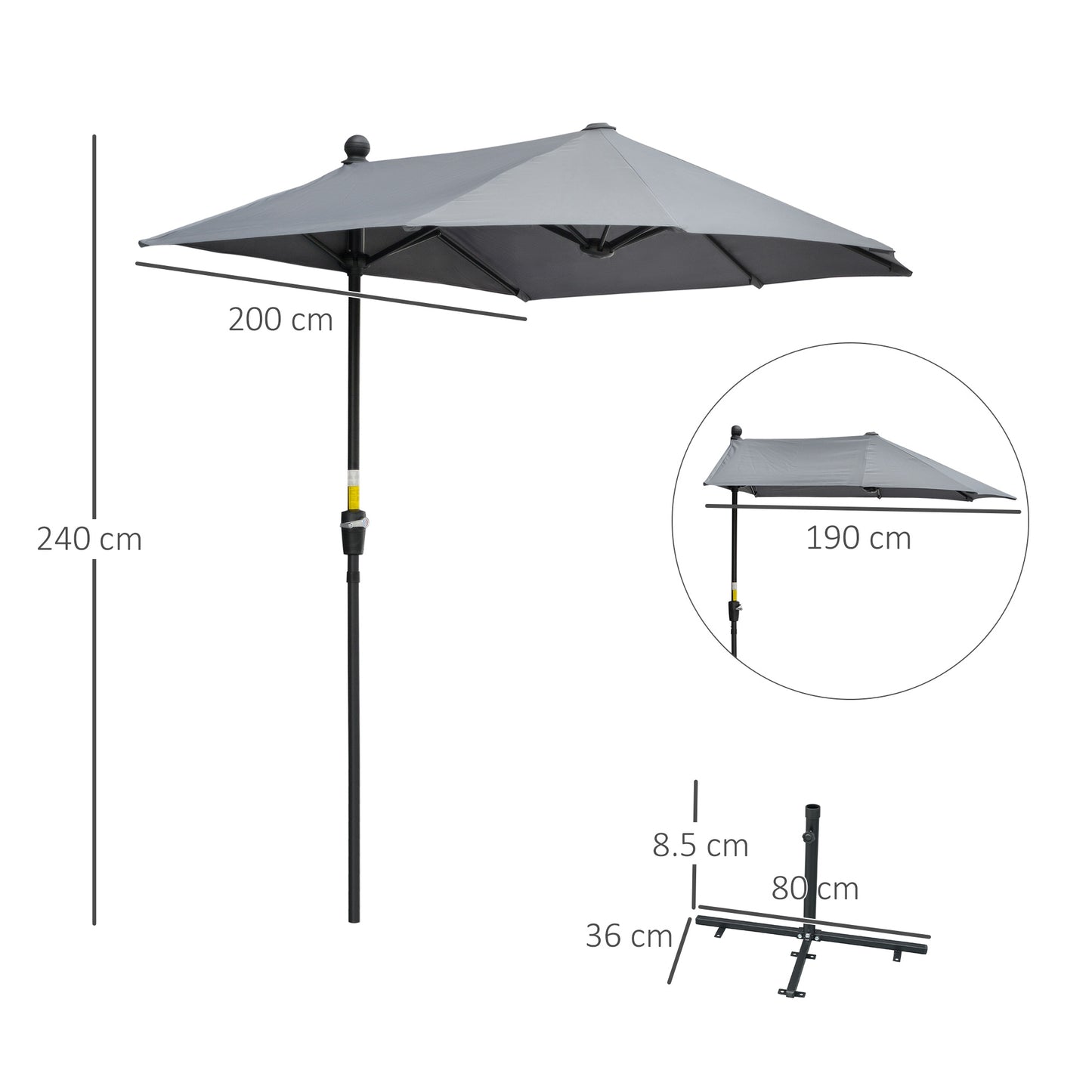 2m Half Parasol Market Umbrella Garden Balcony Parasol w/ Crank Handle Cross Base Double-Sided Canopy Dark Grey