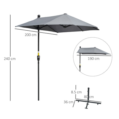 2m Half Parasol Market Umbrella Garden Balcony Parasol w/ Crank Handle Cross Base Double-Sided Canopy Dark Grey