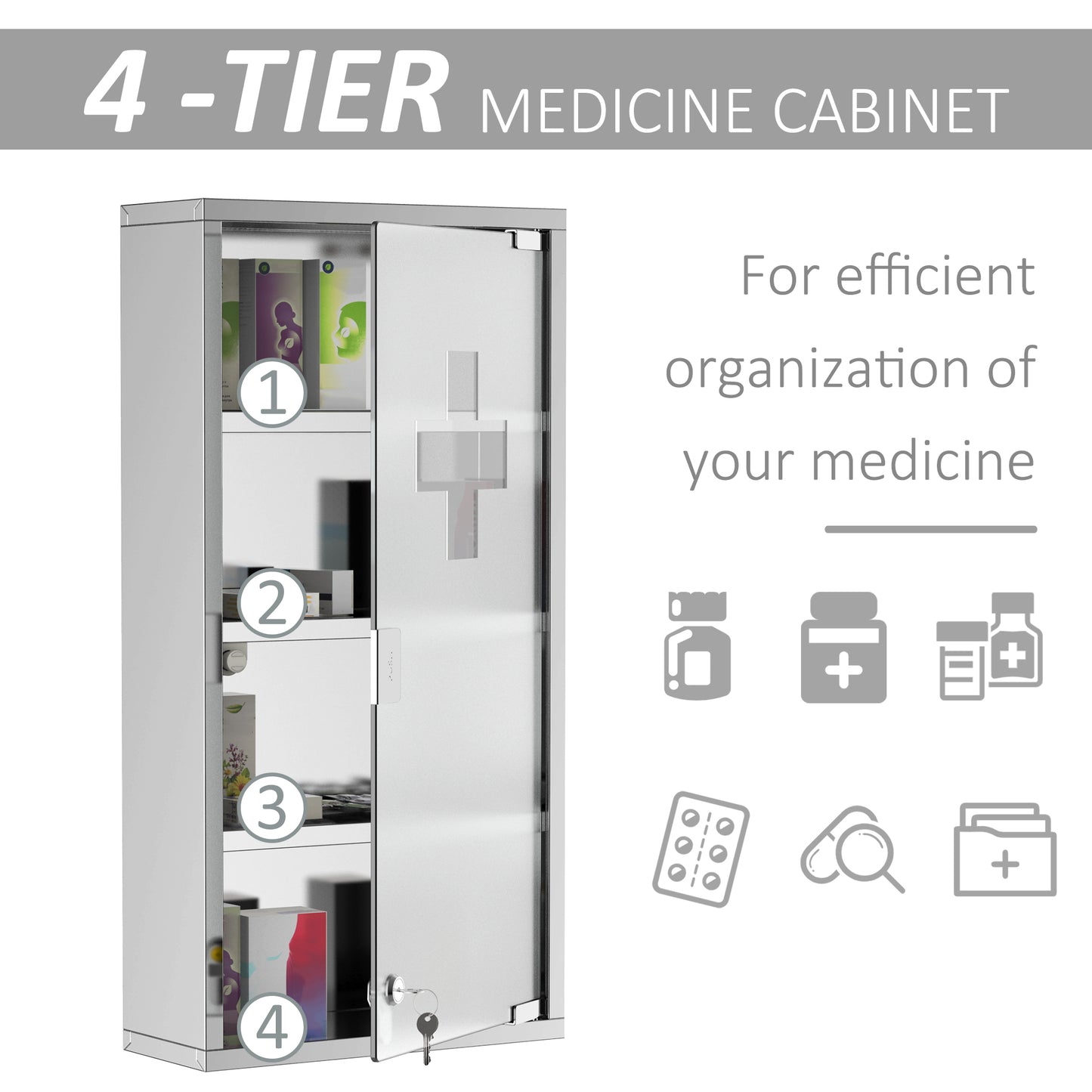 Medicine Cabinet, First Aid Cabinet, Lockable, Aluminium Body, for Bathroom, Wall Mounted, 60H X 30W X 12D cm Steel Silver