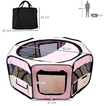 Fabric Pet Dog Playpen Portable 8 Panels Octagon Shape 37x37x95 cm-Pink/Cream