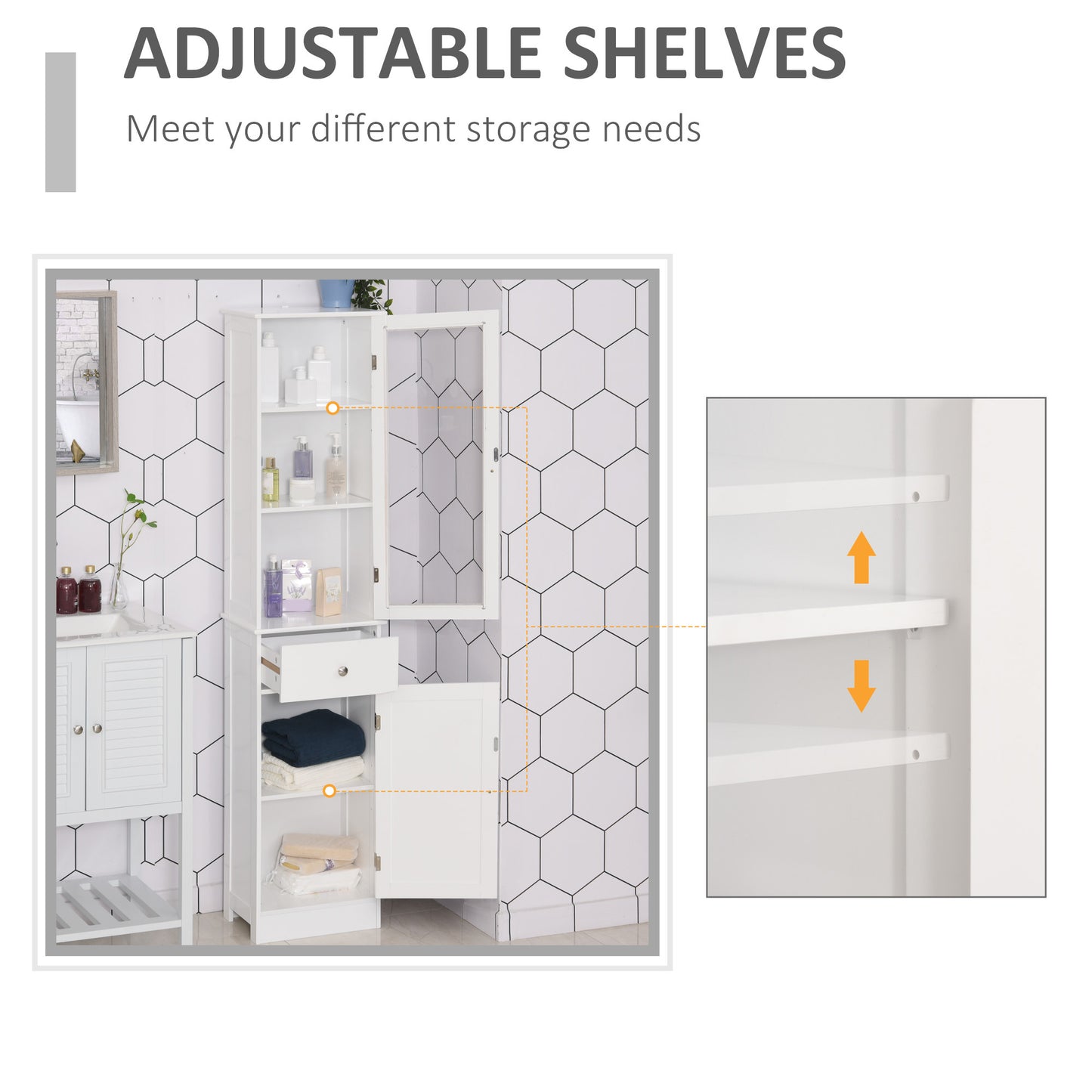 kleankin Bathroom Storage Cabinet with 3-tier Shelf Drawer Glass Door, Floor Cabinet Free Standing Tall Slim Side Organizer Shelves