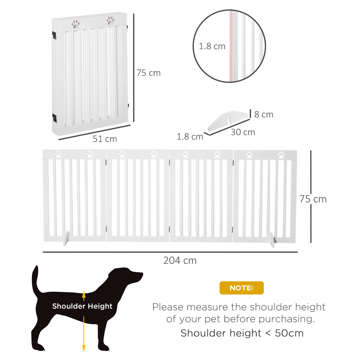 Wooden Pet Gate 4 Panel Foldable Fence Freestanding Dog Safety Barrier with 2 Support Feet for Doorways Stairs