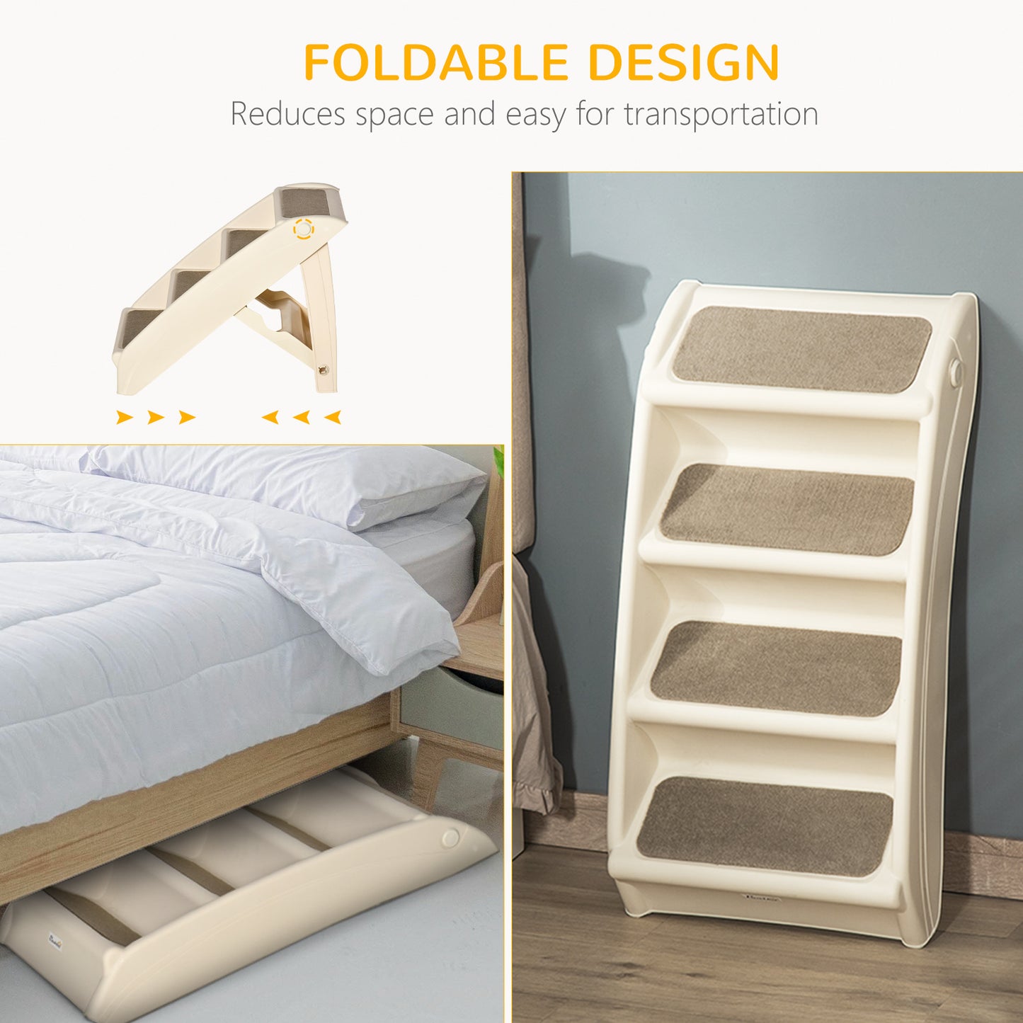 Puppy Steps for Bed, Foldable with Non-Slip Mats 62 x 38 x 49.5cm - Beige