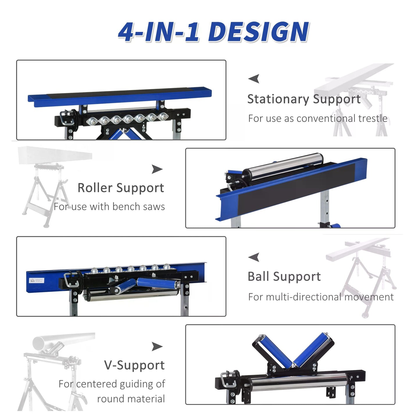 Multi-Function 4 in 1 Workbench Work Table, Ball Support Stand and Roller Trestle, Height Adjustable, Steel Frame