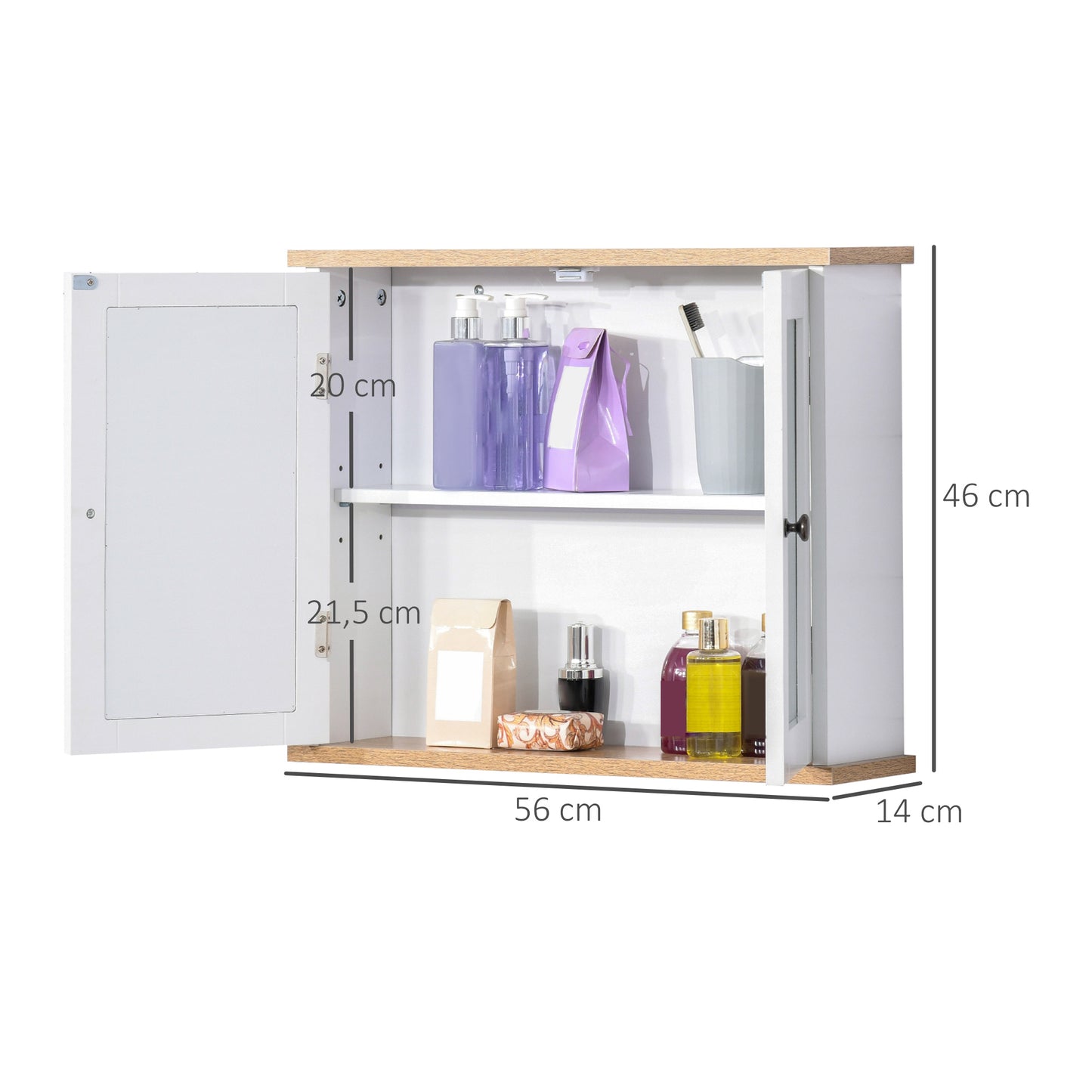 Mirrored Wall Cabinet, with Double Door and Adjustable Shelf, for Bathroom, White