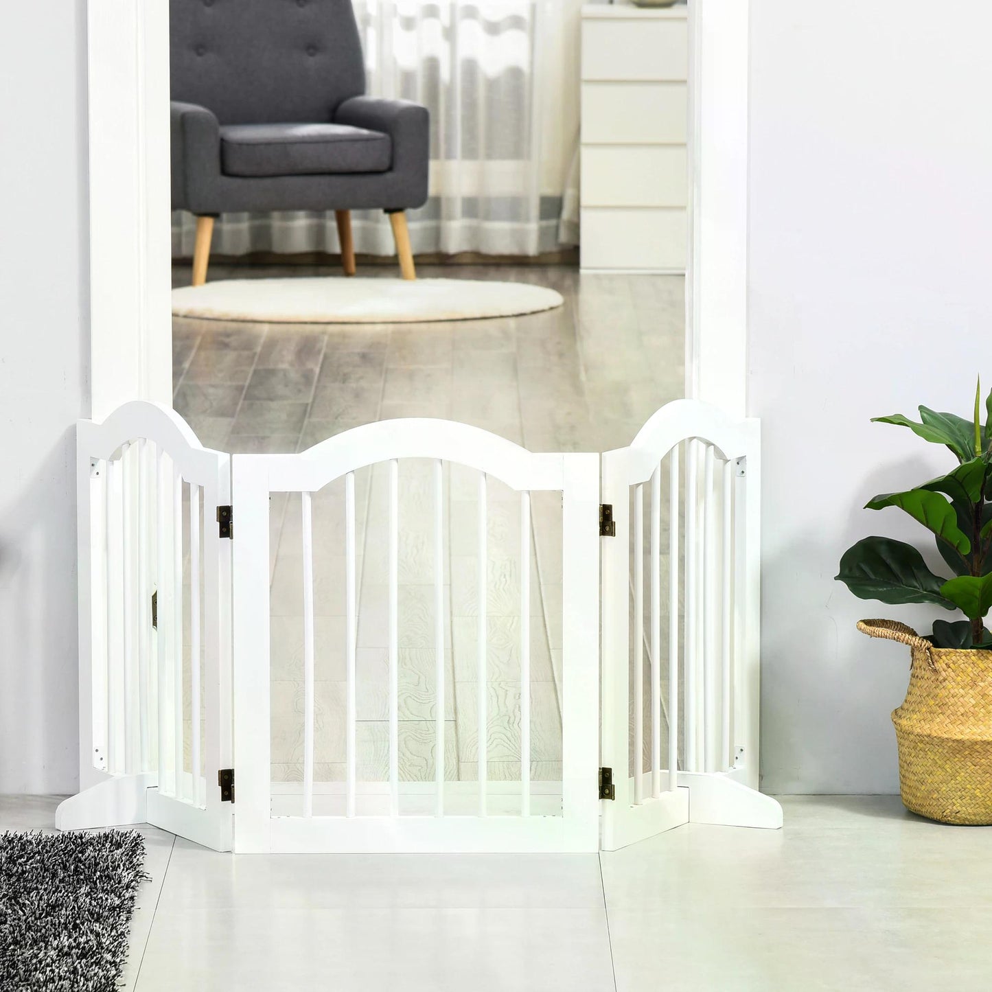 PawHut Wooden Foldable Small Sized Dog Gate Stepover Panel with Support Feet Pet Fence Freestanding Safety Barrier White 