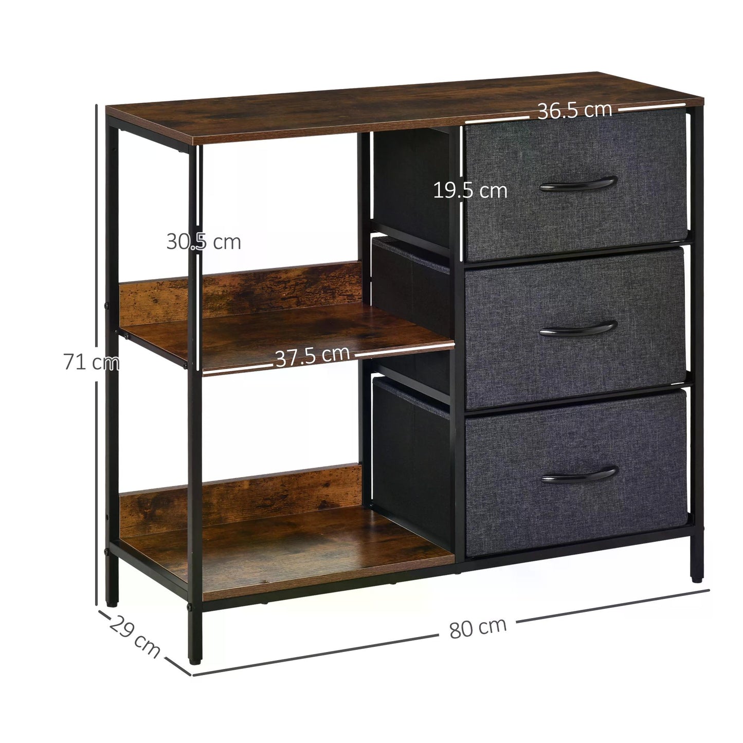 Fabric Chest of Drawers, 3 Drawers, 3 Shelves, Industrial for Living Room Bedroom Black