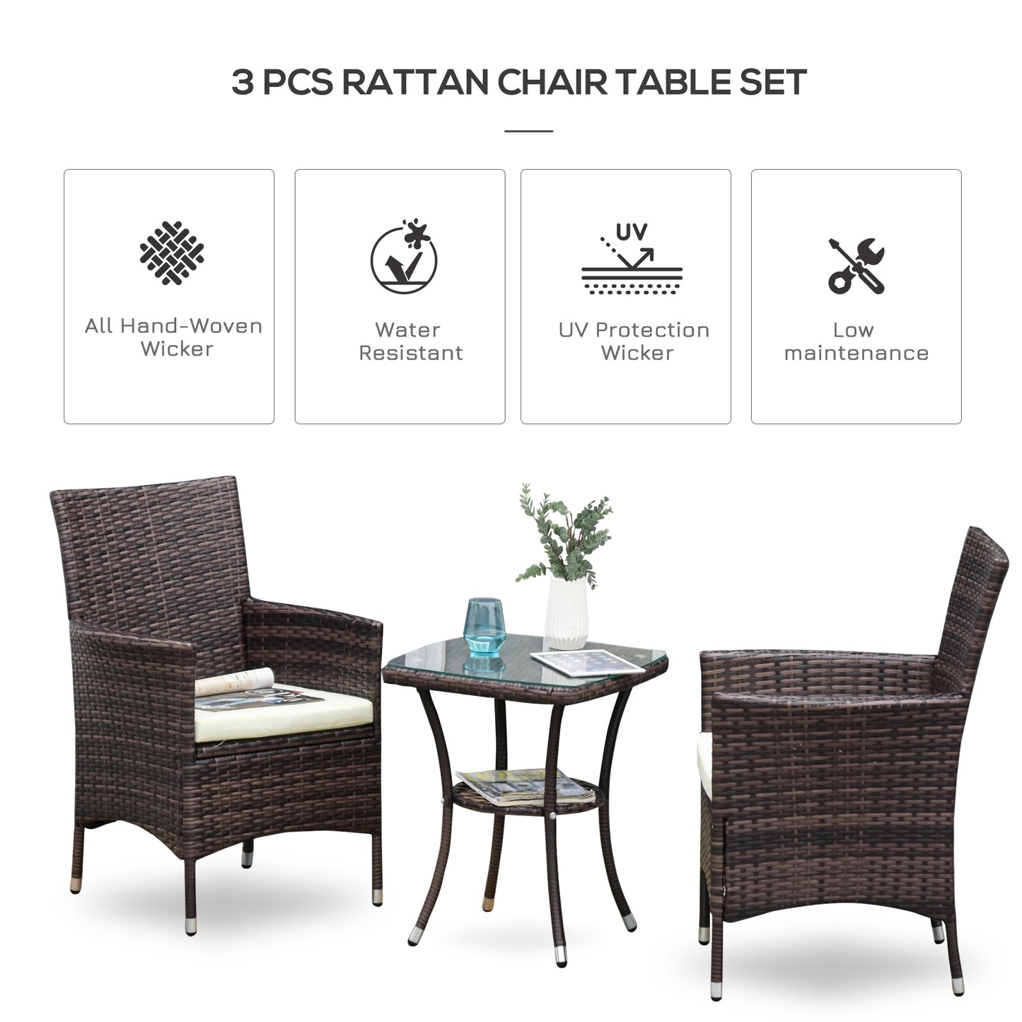 3 Pcs Rattan Bistro Set: 1 x Table, 2 x Chairs-Brown