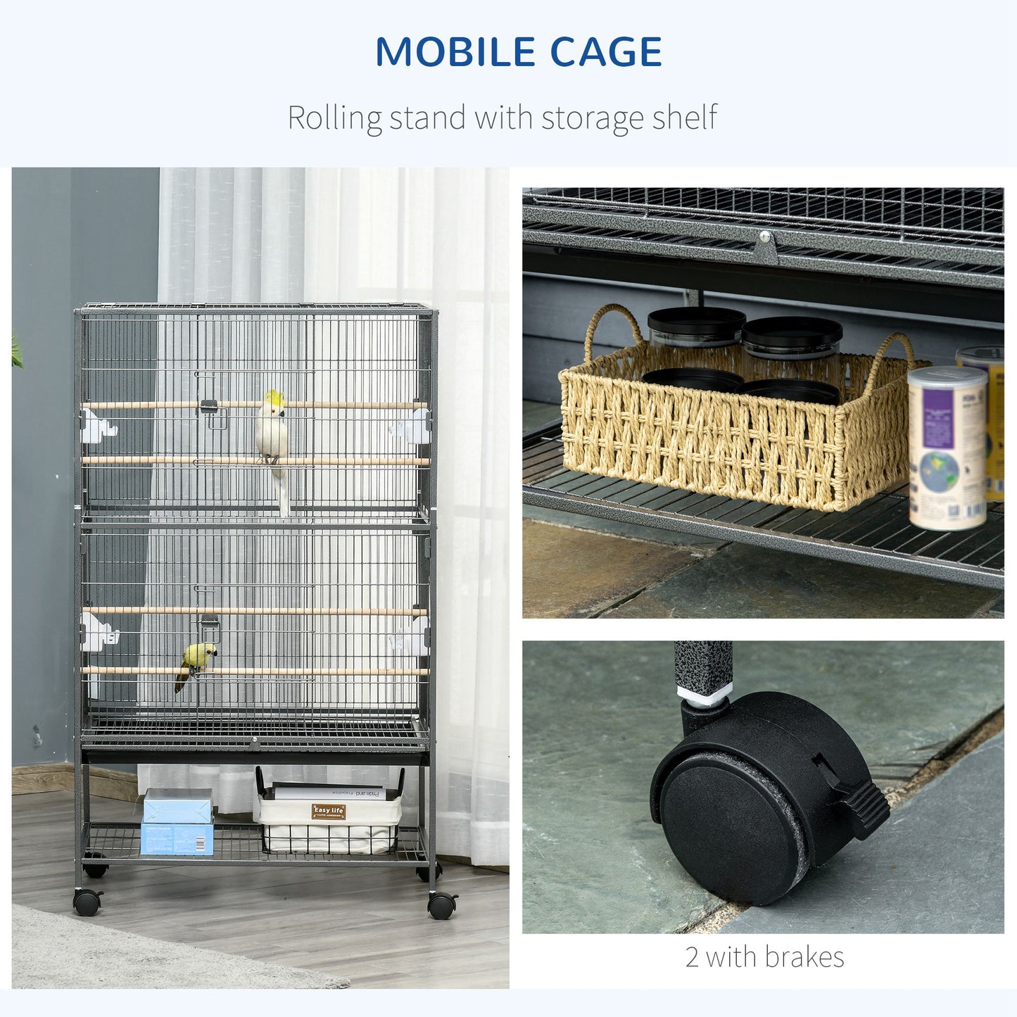 Large Bird Cage Budgie Cage for Finch Canaries Parakeet with Rolling Stand, Slide-out Tray, Storage Shelf, Food Containers, Dark Grey