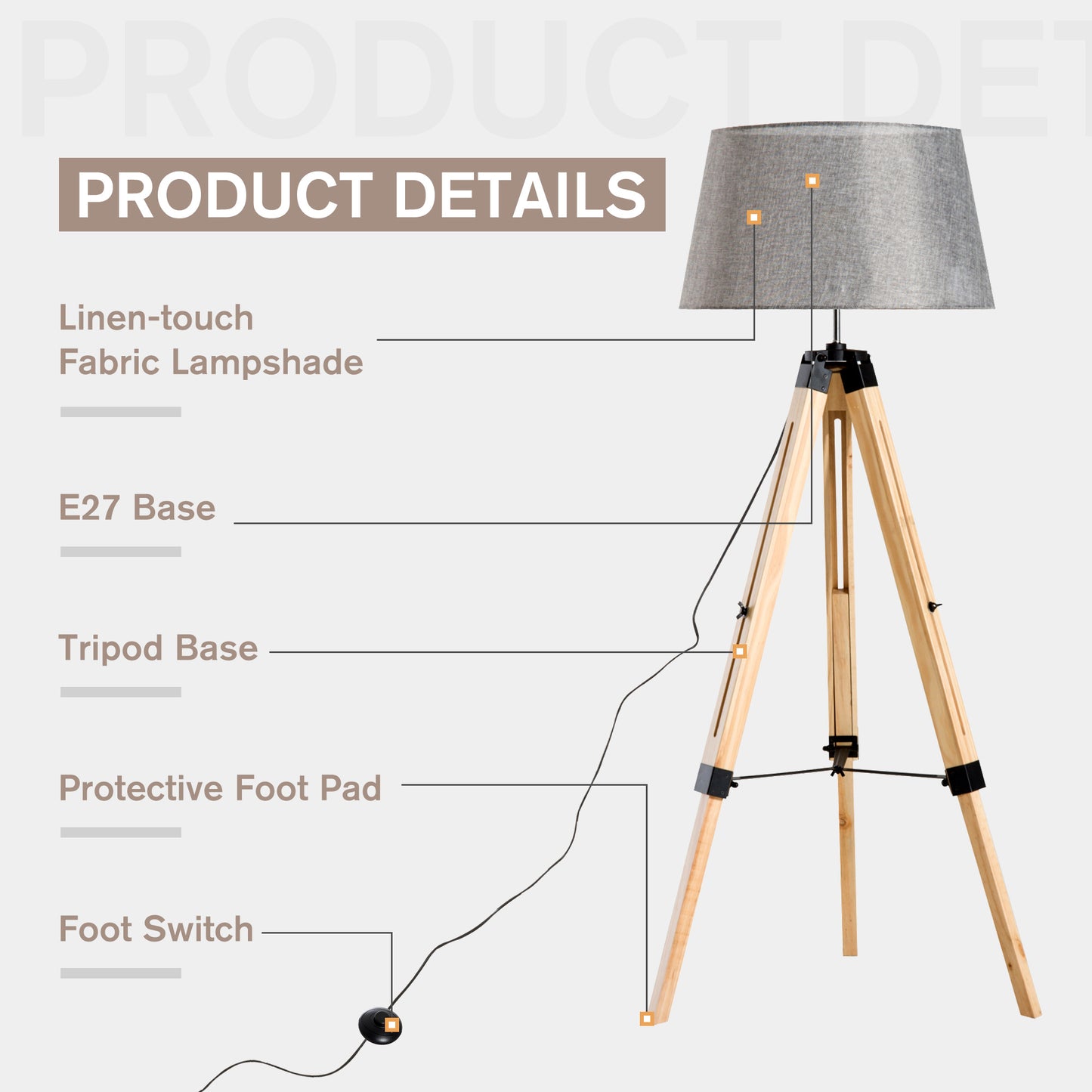 Floor Lights for Bedroom, Wood Floor Lamp, Grey, Tripod,for Living Room Linen Shade E27 Bulb 3.5m Electric Wire Cable Bedside