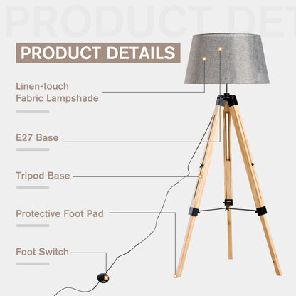 Floor Lights for Bedroom, Wood Floor Lamp, Grey, Tripod,for Living Room Linen Shade E27 Bulb 3.5m Electric Wire Cable Bedside