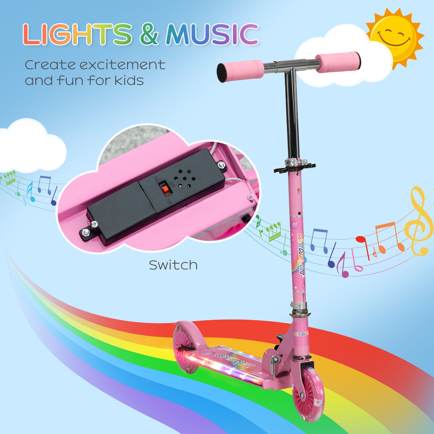 Childrens 2 Wheel Scooter,, with Lights, Music, Adjustable Height, Foldable Frame, for Ages 3-7 Years - Pink