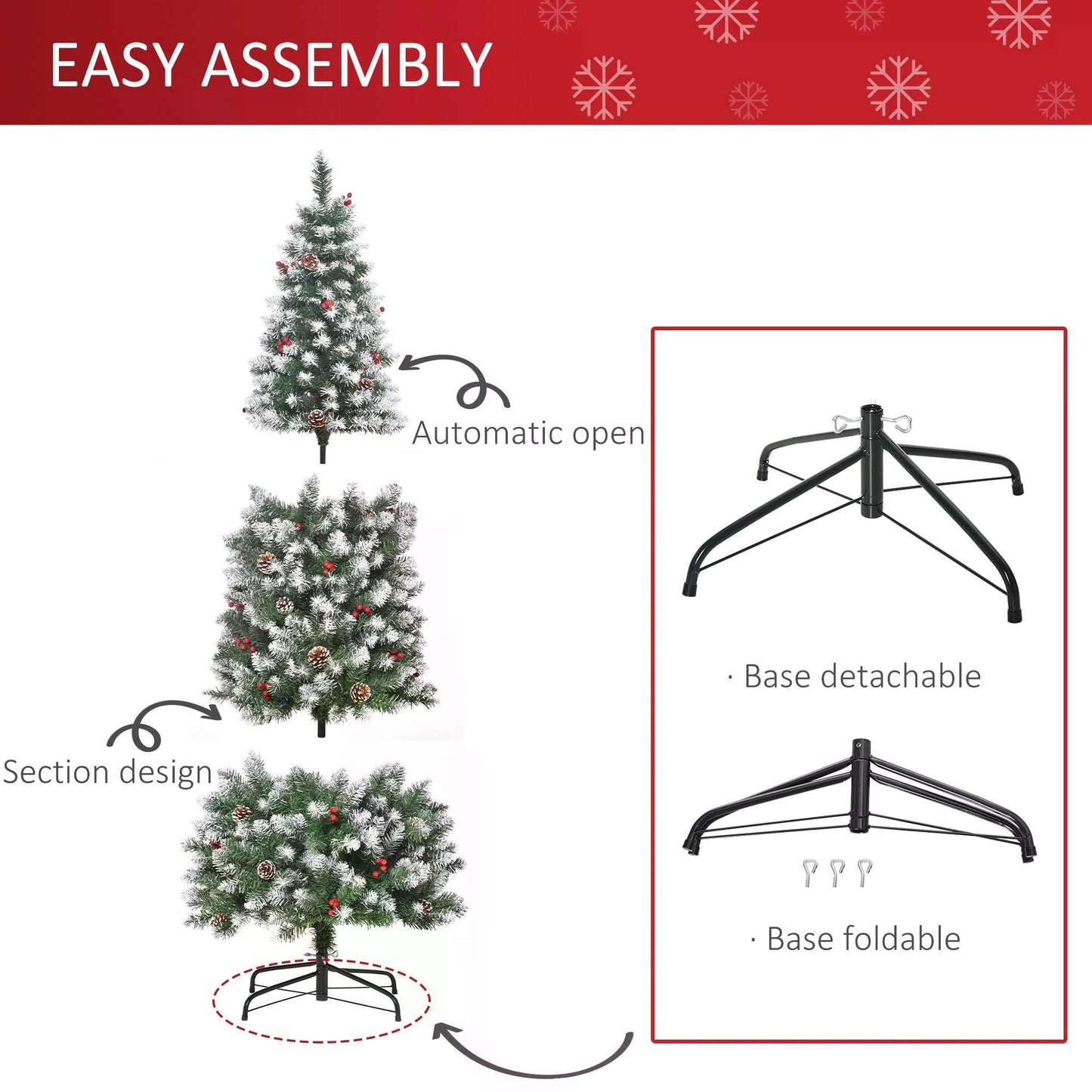 6FT Slim Christmas Tree, with Red Berries and Pinecones Holiday Home Indoor Decoration with Foldable Feet