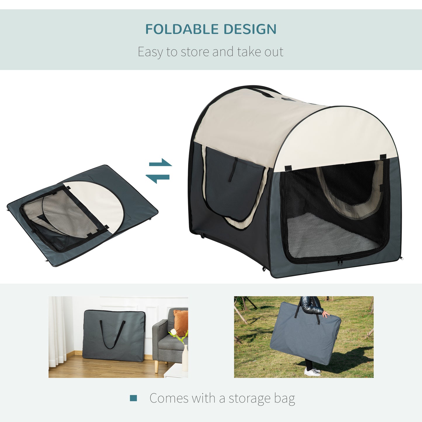 Large Medium Dog Crate Dog Carrier Dog Travel Crate Folding Fabric Soft 97Lx71Wx76Hcm-Grey