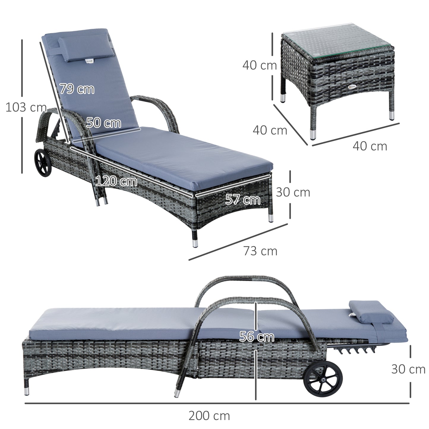 Garden Rattan Furniture 3 PC Sun Lounger Recliner Bed Chair Set with Side Table Patio Wicker-Grey Aosom IE