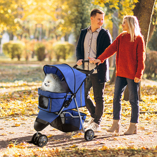 PawHut Cat Stroller Pram  Pushchair, Foldable, W/Three Wheels-Blue