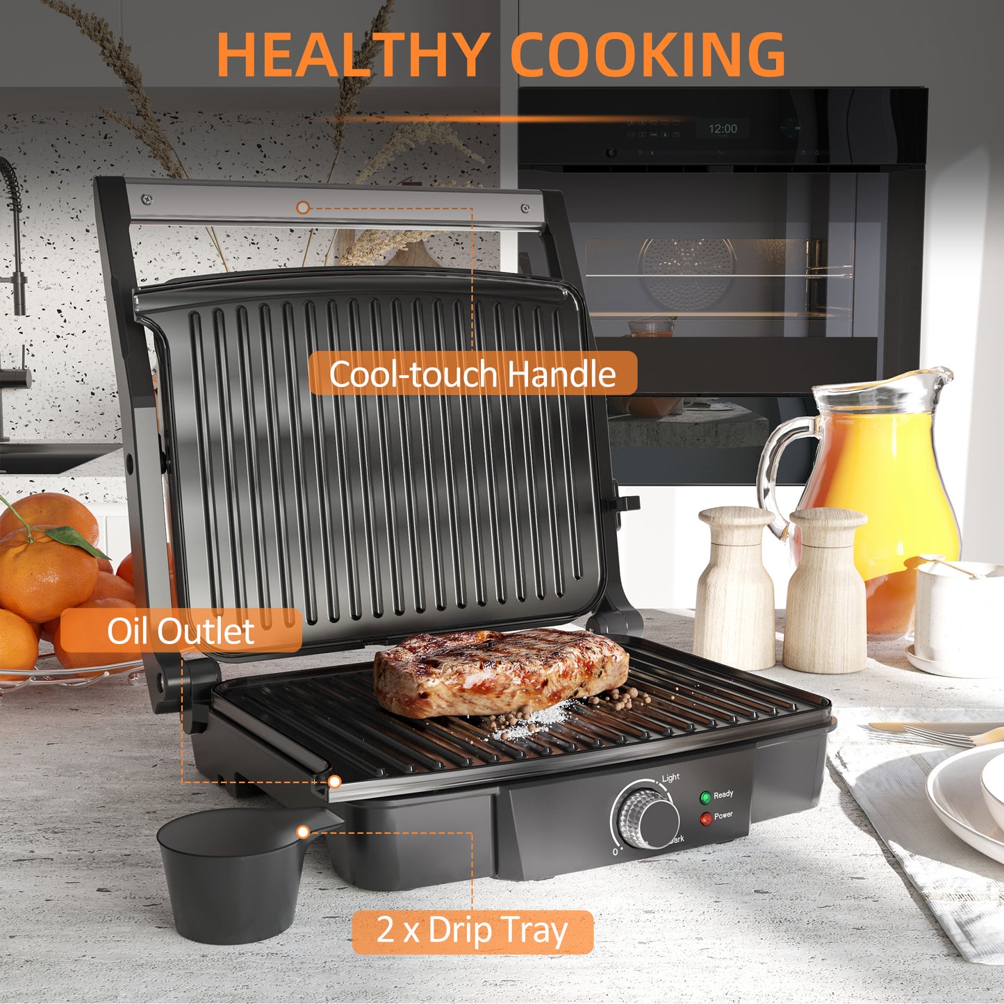 Health Grill & Panini Press, 4 Slice Toastie Machine, 2000W Electric Non-stick Grill with 180° Flat Open, Drip Tray