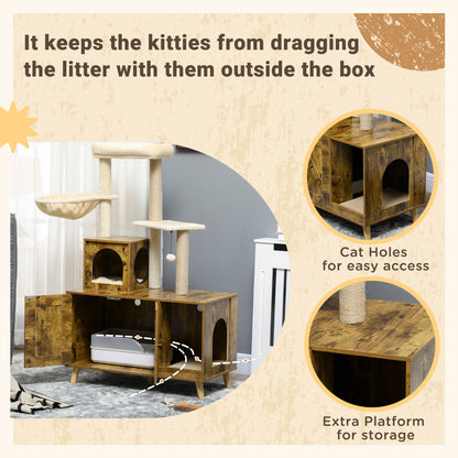 Cat Litter Box Enclosure, with Tree Tower, Cat House, Hammock, Cushion - Rustic Brown