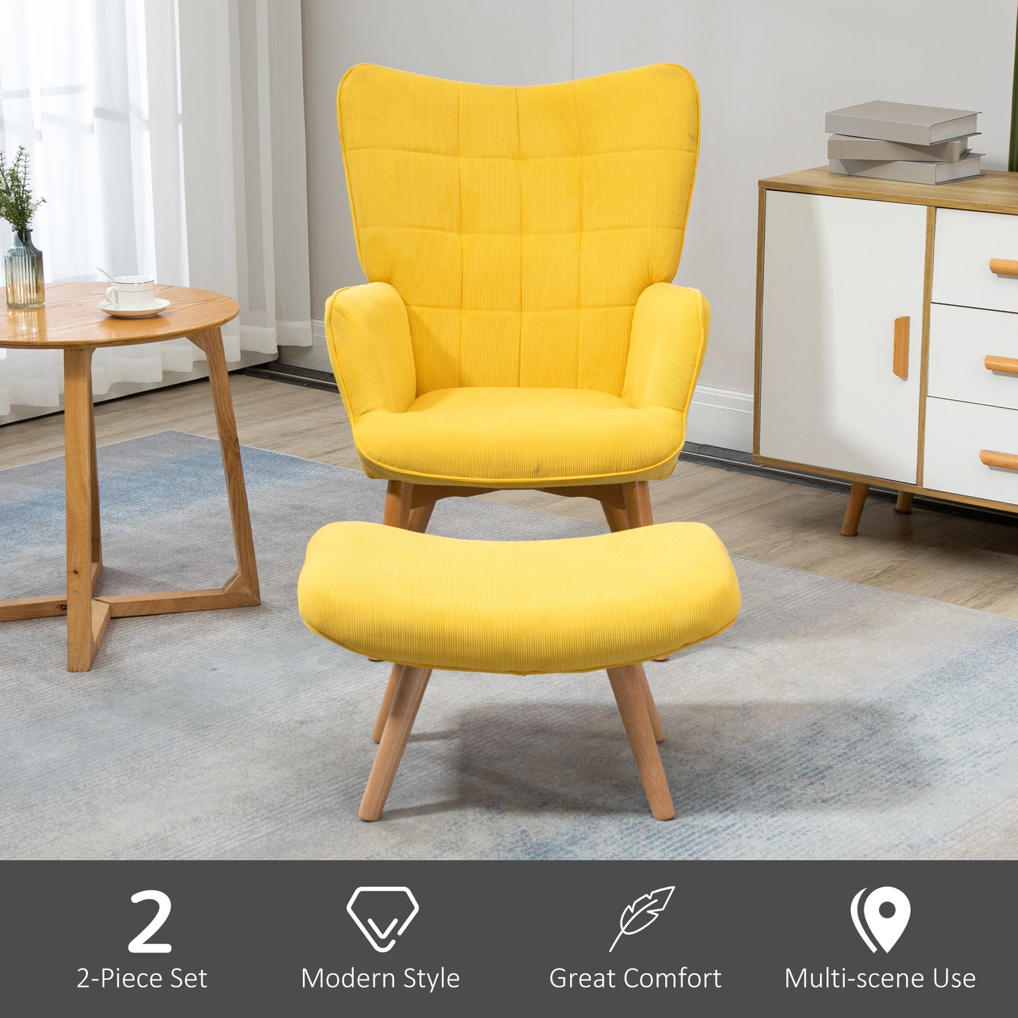 Accent Chair with Ottoman, Living Room Chairs with Steel Frame, Wooden Legs for Study, Bedroom and Home Office, Yellow