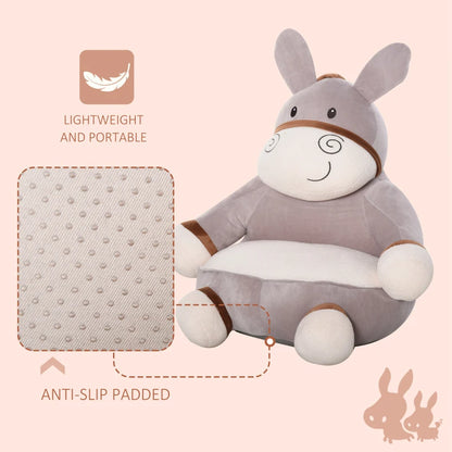 Toddlercouch, Cartoon Cute Donkey Multi-functional with Armrest Flannel PP Cotton 60 x 55 x 60cm Grey