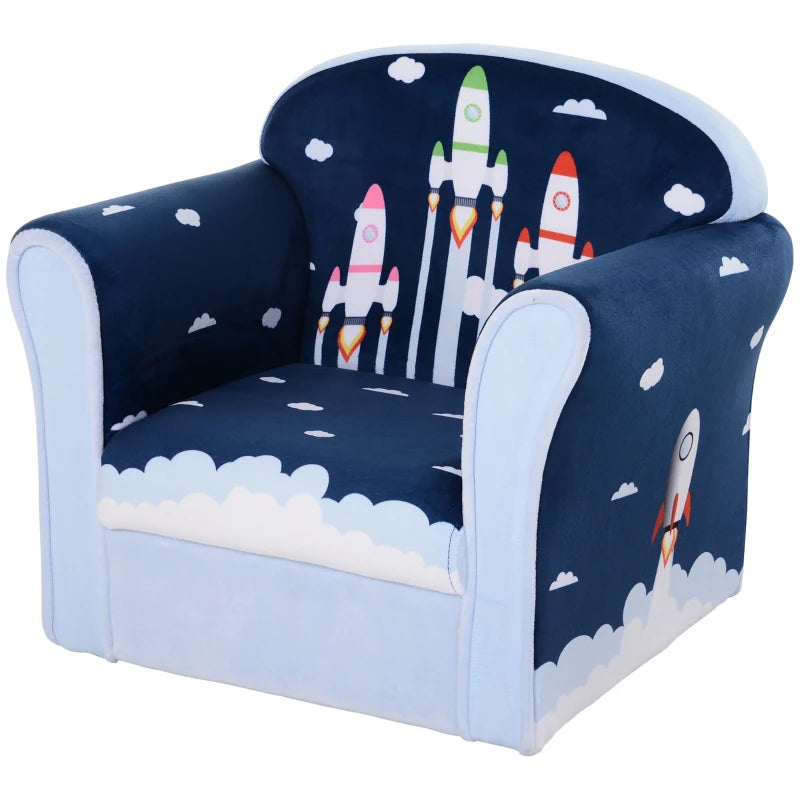 Children's Armchair Flannel Kids Sofa Tub Chair Cartoon Rocket Pattern Wooden Frame Bedroom Playroom Seater Blue Single Furniture 3 Years+ 45kg