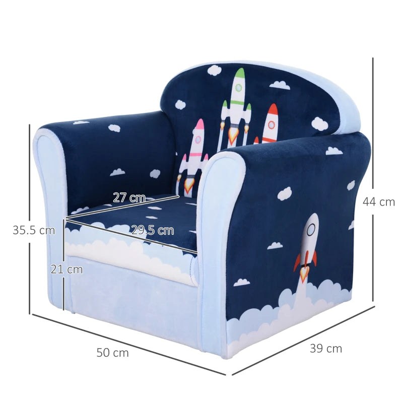 Children's Armchair Flannel Kids Sofa Tub Chair Cartoon Rocket Pattern Wooden Frame Bedroom Playroom Seater Blue Single Furniture 3 Years+ 45kg