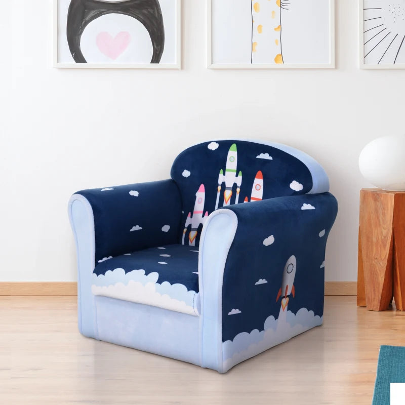 Children's Armchair Flannel Kids Sofa Tub Chair Cartoon Rocket Pattern Wooden Frame Bedroom Playroom Seater Blue Single Furniture 3 Years+ 45kg