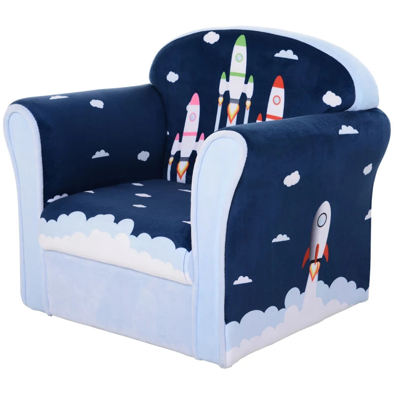 Children's Armchair Flannel Kids Sofa Tub Chair Cartoon Rocket Pattern Wooden Frame Bedroom Playroom Seater Blue Single Furniture 3 Years+ 45kg