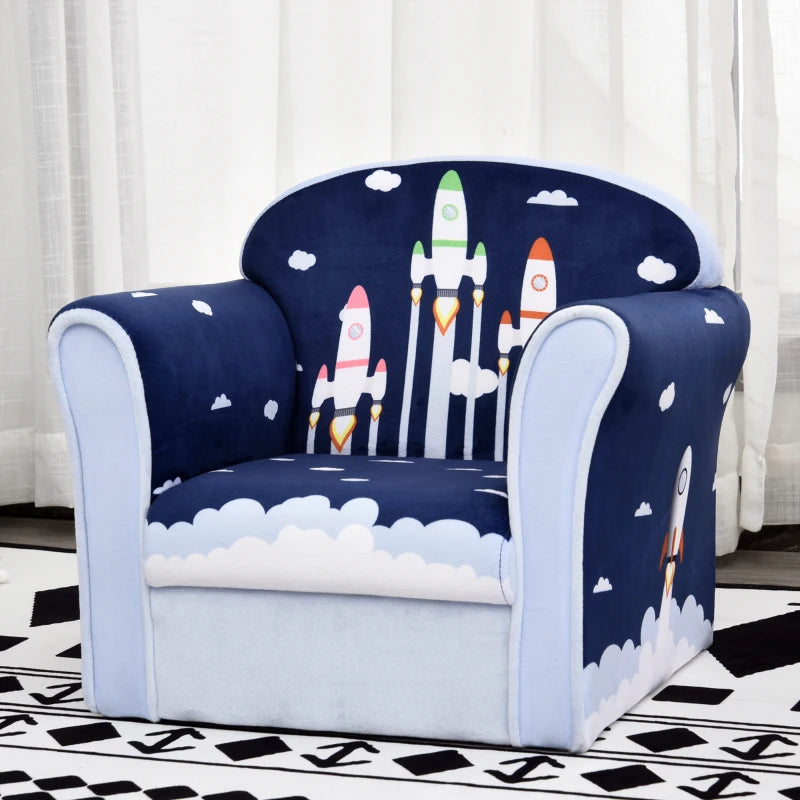 Children's Armchair Flannel Kids Sofa Tub Chair Cartoon Rocket Pattern Wooden Frame Bedroom Playroom Seater Blue Single Furniture 3 Years+ 45kg