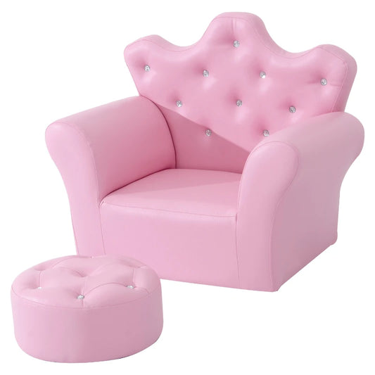 Toddlercouch, Kids Sofa with Footstool PU Leather Princess Crown Sofas Armchair Sofa - Pink